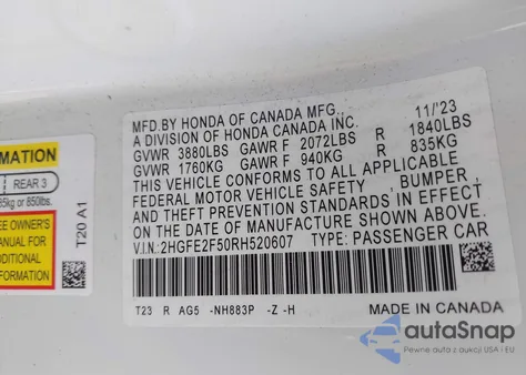 2024 Honda Civic Sport z USA, uszkodzony, nr VIN 2HGFE2F50RH520607